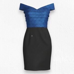 Rene Ruiz Collection Navy Blue Metallic Off Shoulder Ruffle Midi Dress Size 8